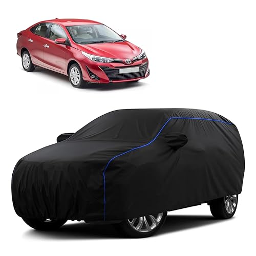 Image of Sulfar 100% Water Resistant Car Body Cover Compatible with Mirror for Toyota Yaris (Triple Stitched, Full Bottom Elastic, Black Tafetta with Blue Piping)