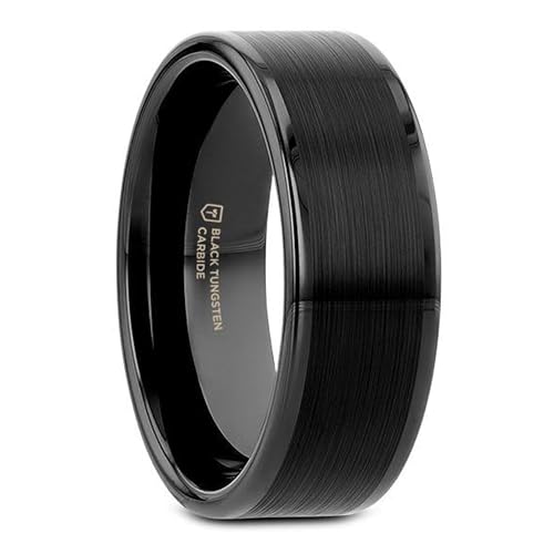 Thorsten Vulcan Black Tungsten Carbide Men’s Wedding Ring – Flat Matte Brushed Finish with Polished Edges – Comfort Fit Wedding Band – Durable and Stylish Ring for Him