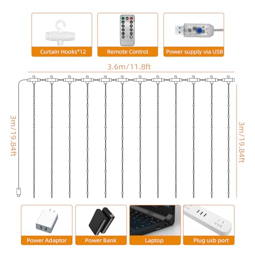 Jsdoin Curtain Fairy Lights, 3.6m x 3m 360leds USB Operated 8 Modes String Light Indoor Waterproof Hanging Window Lights with Hooks for Christmas, Wedding, Party,Wall, Home Decorations (Warm White)