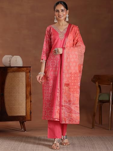 Image of Libas Womens Printed Linen Straight Kurta With Trousers and Dupatta | daily wear suit