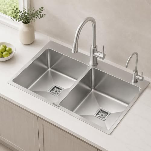 Image of ARQUIN Double Bowl Kitchen Sink with Tap Hole 45x20x10 Inch Handmade Dual Sink Heavy Stainless steel sink Including Couplings Waste Pipe Vegetable Basket Sinks For Kitchen Basin