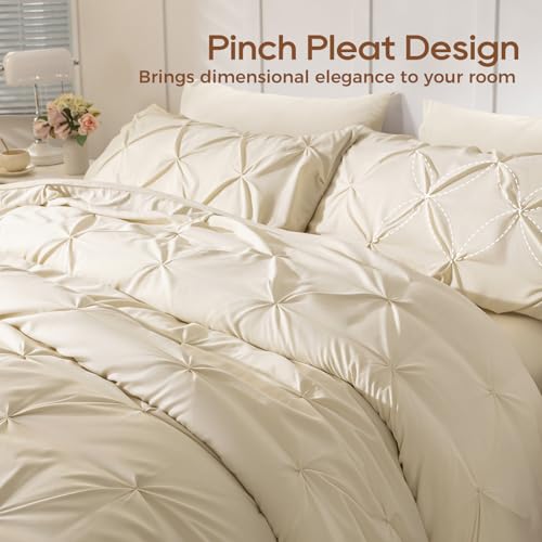 Sasttie Queen Comforter Set, 7-Piece Bed in a Bag, Pintuck Bedding Sets for All Season, Includes Comforter, Flat Sheet, Fitted Sheet, Pillowcases and Pillowshams, Beige - Image 4