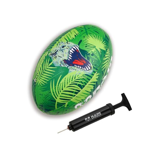 Ram Rugby Ramosaurus Rex Squad Trainer Rugby Ball & Mini Pump - Available in Size 5 4 3 & 1 (Mini) - For Kids & Adults - 7 Crazy Fun Designs - Club Quality Training Ball Great