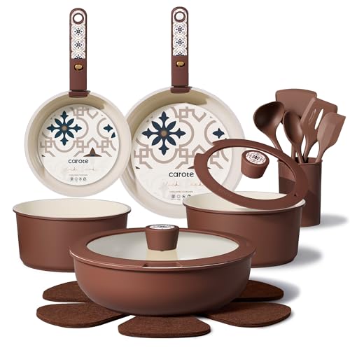 Image of CAROTE 19Pcs Ceramic Cookware Set, Pots and Pans Set Non stick, Non Toxic Cookware Detachable Handle, Kitchen Cooking Set - Induction Cookware, Dishwasher/Oven Safe, PFAS Free, Chocolate