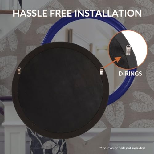 Image of Howard Elliott Collection George Round Glossy Royal Blue Wall Mirror, Bevelled Vintage Hanging Wood Framed Vanity Mirrors for Home Decor, Living Room, Bathroom, Bedroom, or Hallway, 36 Inch Round