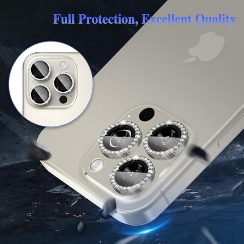 Image of Glitter Diamond Camera Lens Protector for iPhone 16 Pro / 16 Pro Max / 15 Pro / 15 Pro Max Grey UHD 9H Tempered Glass, Sparkle Crystal Design Camera Guard Scratch & Drop Resistant, Case Friendly Camera Cover