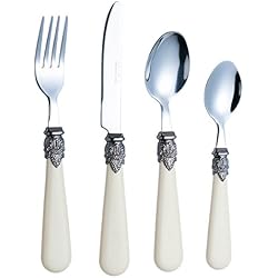 EXZACT Cubertería de 16 Piezas en Acero Inoxidable/Cubiertos con Asas de Color con mango detallado, tradicional, elegante, estilo vintage/antiguo (WF28-16CRM Crema x 16)