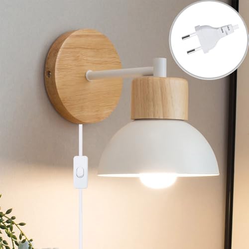 XINYASEE Lámpara de pared de madera y metal de estilo nórdico con interruptor de botón, compatible con bombillas E27, adecuada para dormitorios y salas de estar (enchufe de estilo europeo) (Blanco)