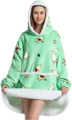 Queenshin Oversized Avocado Hoodie Wearable Blanket Sweatshirt for Women, Warm Comfy Flannel Blanket Sherpa Lined Body Blanket, One Size for All