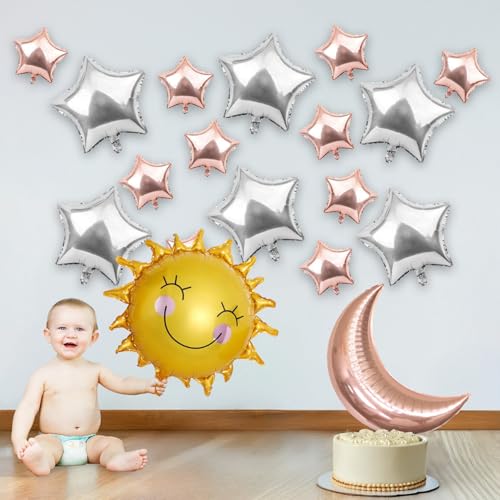 Image of Party Propz Rose Gold Balloon Decoration Set -19 Pcs Sun and Moon Theme Decor with Moon Foil, Sun Foil Balloon, Rose Gold Star Balloon, Glue Dot Sheet