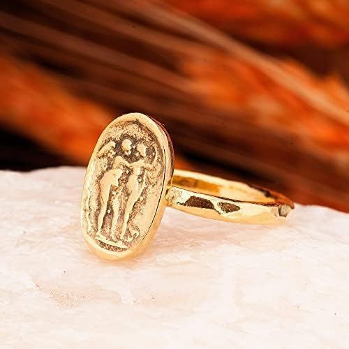 Anello con moneta d'angelo, anello con moneta romana antica, anello con moneta con sigillo. Anello in argento greco antico placcato oro 24 carati.