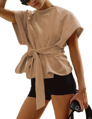 Zhiyouni Women's Summer Short Sleeves Tee T Shirt Crewneck Tie Knot Tops Sweatshirt