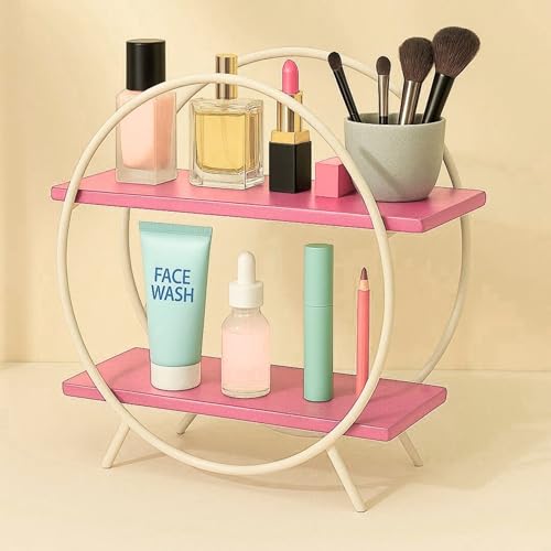 Image of 2 Tier Spice Rack Organizer for Kitchen Countertop - Metal & Wooden Masala Stand Condiments, Seasonings Multipurpose Storage Rack for Home & Kitchen Decor (Blk Brown) (Pink White)