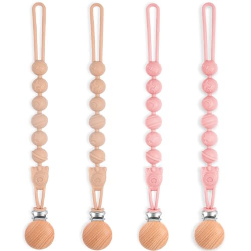 Image of Silicone Pacifier Clip Holder with One Piece Design, Soft Flexible Binky Clips with Texture for Baby Boy and Girl,4 Packs (Pink & Brown)