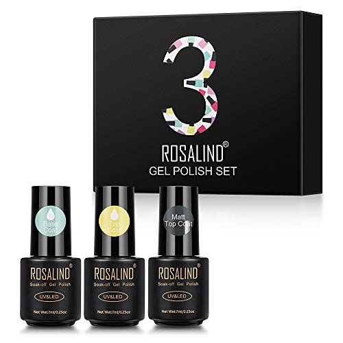 ROSALIND Base y Top Coat y Matte Top Coat Semipermentes, Esmaltes Semipermanentes de Uñas en Gel UV LED Gel Soak Off 3PCS/Set Mini