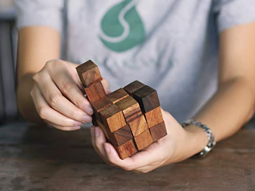 Snake Cube: Handmade & Organic Twisty 3D Brainteaser Wooden Puzzle for Adults from SiamMandalay with SM Gift Box(Pictured)