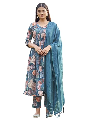 Image of Womanista Women Cotton Blend Sequinns Work Alia Cut Flared Kurta Set