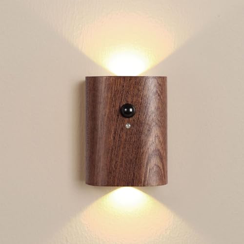 Motion Sensor Night Light, 2Pcs 0.4W Intelligent Linkage Wooden Magnetic LED Wall Light USB Rechargeable 360° Direction Adjustable Up and Down Night Light for Hallway Stair Bedroom