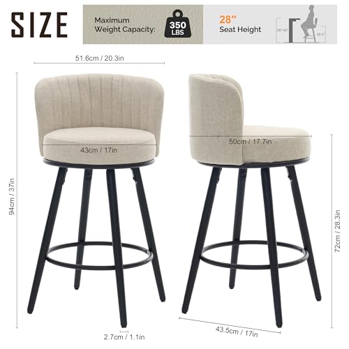 Image of Swivel Bar Stools Set, 28 inch Seat Height, Modern Design, Upholstered Barstools with Back and Footrest, Metal Legs, Suitable for Kitchen Island, Counter, Dining Room