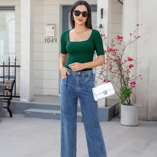 Image of Women's Square Neck Ribbed Short Sleeve Sweater - Summer Lightweight Knit Top, Stretchy Slim Top (Green /XL)