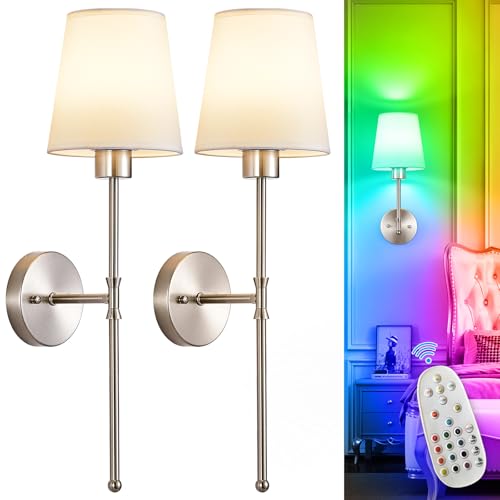 Image of Depuley Battery Operated Wall Sconce: Set of 2 Wireless Wall Lights with Remote for Bedroom - 12 Colors Rechargeable Wall Lamp for Living Room Dining Room Hallway Bathroom Staircases - Nickel 24 Inch