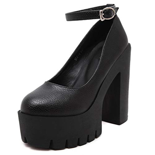 KOKOMOMO Womens Round Toe Platform Ankle Strap Pumps Chunky High Heels Goth Shoes (Black, Numeric 8.5)2
