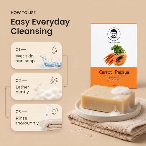 Image of Doctor Farmer Carrot & Papaya Handmade Bath Soap Pack of 4 | Natural Coconut Oil Moisturizing Soap for Skin Brightening | Daily Bath Soap for Soft & Healthy-Looking Skin | For Men & Women
