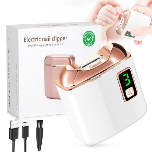Electric Nail Clipper with LED Light, USB Rechargeable Nail Trimmer, 3-Speed Fingernail Manicure for Baby, Kids, Seniors, and Adults - Perfect for Elderly Nail Care (White)