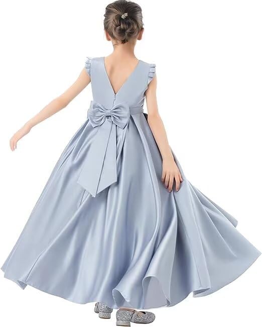 Satin Flower Girl Dress Flying Sleeve V-Back Pageant Dress Holiday Birthday Party Prom Ball Gown with Bow-Knot
