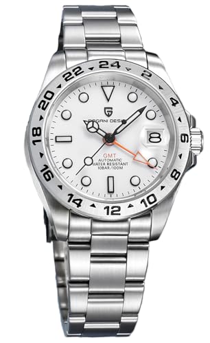 Orizontime Pagani Design - Reloj automático GMT para hombre, reloj mecánico de acero inoxidable de 40 mm, cristal de zafiro, bisel de 24 horas, resistente al agua hasta 10 bares, Plateado/Blanco,