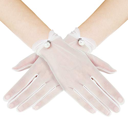 BABEYOND Gants de mariée en maille avec dentelle Gants en dentelle avec perle Gants pour fête,mariage Gants de soirée Accessoires Longs/Courts(Taille...