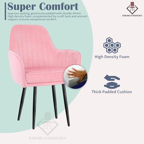 Image of Plush Dining Chair | Accent Chair for Living Room Bedroom Restuarant | Velvet Fabric & Thick Cushion Seat with Sturdy Glossy Metal Legs (Black Legs, Baby Pink)