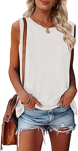 TECREW Women's Summer Sleeveless Crew Neck Tank Tops Casual Basic T Shirts Blouse White