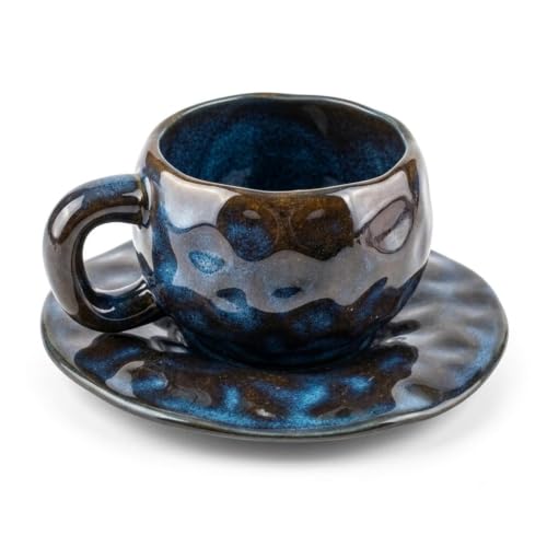 Image of NYRWANA Japanese Style Vintage Ceramic Coffee Cup & Saucer Set with Handle, 250ml Fancy Latte Art Tea Cup for Coffee, Tea, Mugs for Present, Anniversary, Wedding, Marriage Gifts for Couples