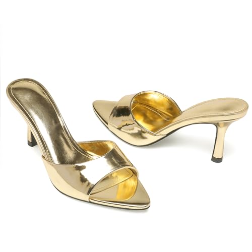 Image of Riekhany High Heel Mules for Women Slip On Open Pointed Toe Classy Patent Leather Stiletto Pumps Formal Slingback Mule Sandals Dress Walking Shoes