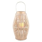 47th & Main Bamboo Hurricane Lantern with Handle Woven Natural Rattan Boho Hanging Candle Holder for Patio, Yard, Home Décor, Medium, Blonde