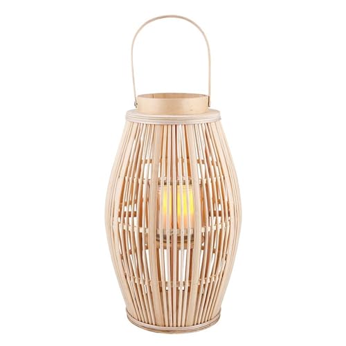 47th & Main Bamboo Hurricane Lantern with Handle Woven Natural Rattan Boho Hanging Candle Holder for Patio, Yard, Home Décor, Medium, Blonde