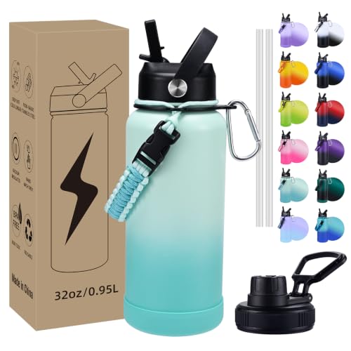 Image of Insulated Water Bottle, 32 oz Stainless Steel Wide Mouth Water Bottles with 2 Leak Proof Lid and Paracord Handle, Double Wall Vacuum Insulated Sports Water Bottle, Mint Green