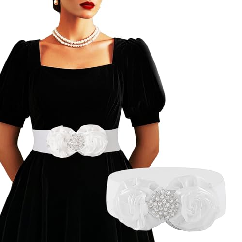 Wriidy Stretchy Belt Wide Flower Belt Women White Pearl Stretch Waistband Black Fancy Elastic Waist Jewelry Accessories for Girls (Large, White)