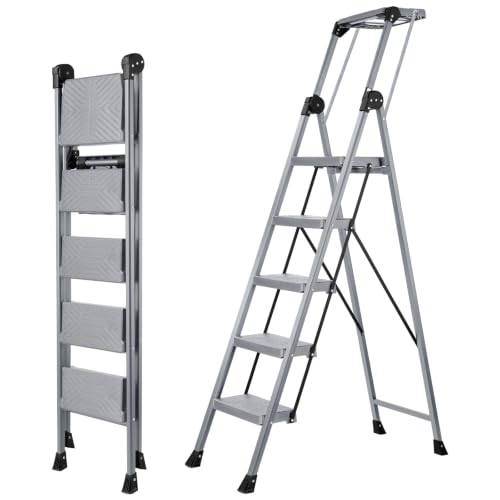 XinSunho 5 Step Ladder, Steel Stool with Foldable Handrail & Tool Tray