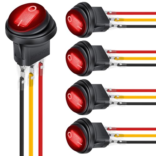 Image of Nilight 5Pcs Round Rocker Toggle Red LED Switch with Locked Terminal Wires