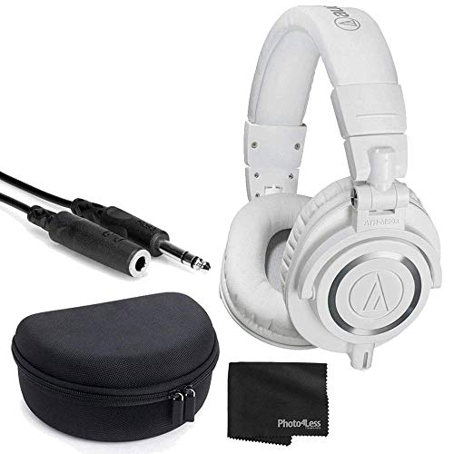 Audio-Technica ATH-M50x Closed-Back Professional Monitor Headphones - 90° Swiveling Earcups (White) + Headphone Case + 1/4 inch TRS Extension Cable + Cloth – Deluxe Headphone Bundle