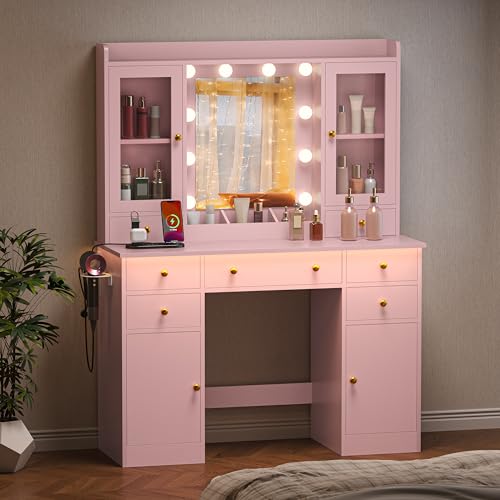 Image of HUANLEGO Pink Vanity Desk with Mirror and Lights for Girls Women | Makeup Vanity Mirror with Lights, LED RGB Lights Strip, Power Outlet, 7 Drawers, 2 Storage Cabinets, 3 Color Modes Adjustable