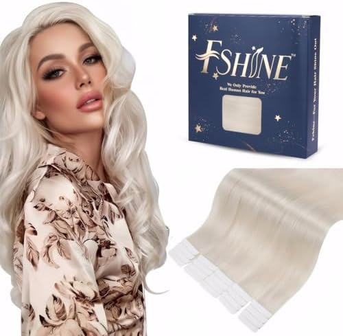 Fshine Blonde Tape in Hair Extensions Real Human Hair, Invisible Remy Hair Extensions, Strong Adhesive Double Sided Tape Extension, White Blonde Glue in Hair Extensions, 30g 12 inch 20Pcs #1000