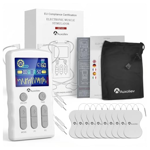 Auxoliev TENS/EMS Electroestimulador Muscular, Dispositivo de Multiterapia y Rehabilitación con 25 Modos & 10 Electrodos, para aliviar el dolor muscular y fortalecer los músculos, con diseño patentado