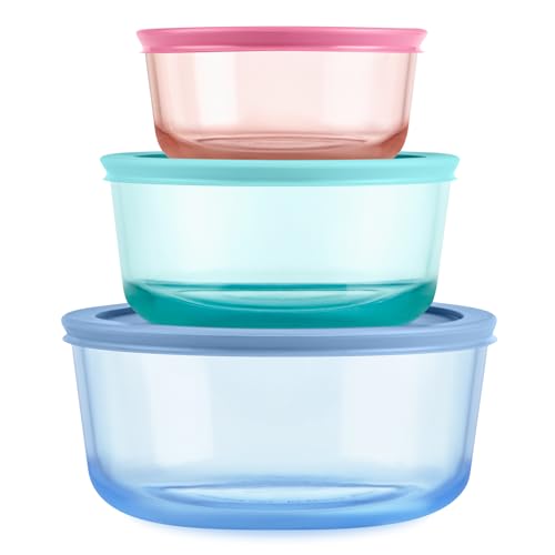 Pyrex Colors - Juego de 3 recipientes redondos de vidrio tintado para almacenamiento de alimentos, tapas de plástico no tóxico sin BPA, apto para congelador, lavavajillas, microondas, 2 tazas, 4 tazas
