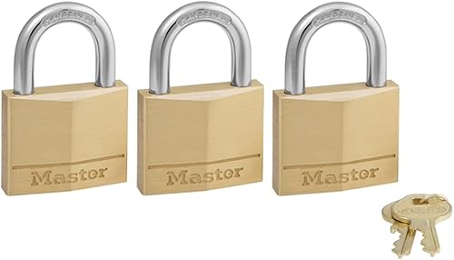 Master Lock 140TRI Candado de latón macizo con llave, paquete de 3, dorado