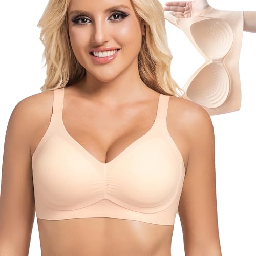 PRETTYWELL Wireless Bras for Women Molded Cup Comfort Seamless Push up No Underwire V-Neck Everyday Bra A to D Cup