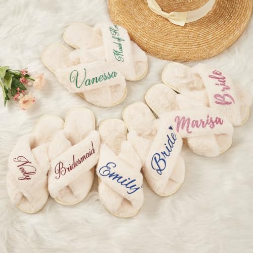 Personalized Bride Fluffy Slippers, (XS-S-N-L-XL)(Women+Kid) Custom Bridesmaid Shoes for Wedding Day, Bachelorette Party Bridal Shower Gift for Bride, Hen Fluffy Slide On Girls Night Sleepover4