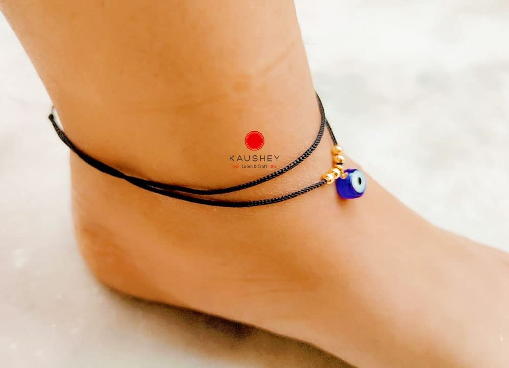 Kaushey loom & craft Evil Eye Adjustable Anklet Bracelet Black Braided Foot Chain for Women and Girls, Free size black thread anklet(Pack of 1) - Image 3 thumbnail